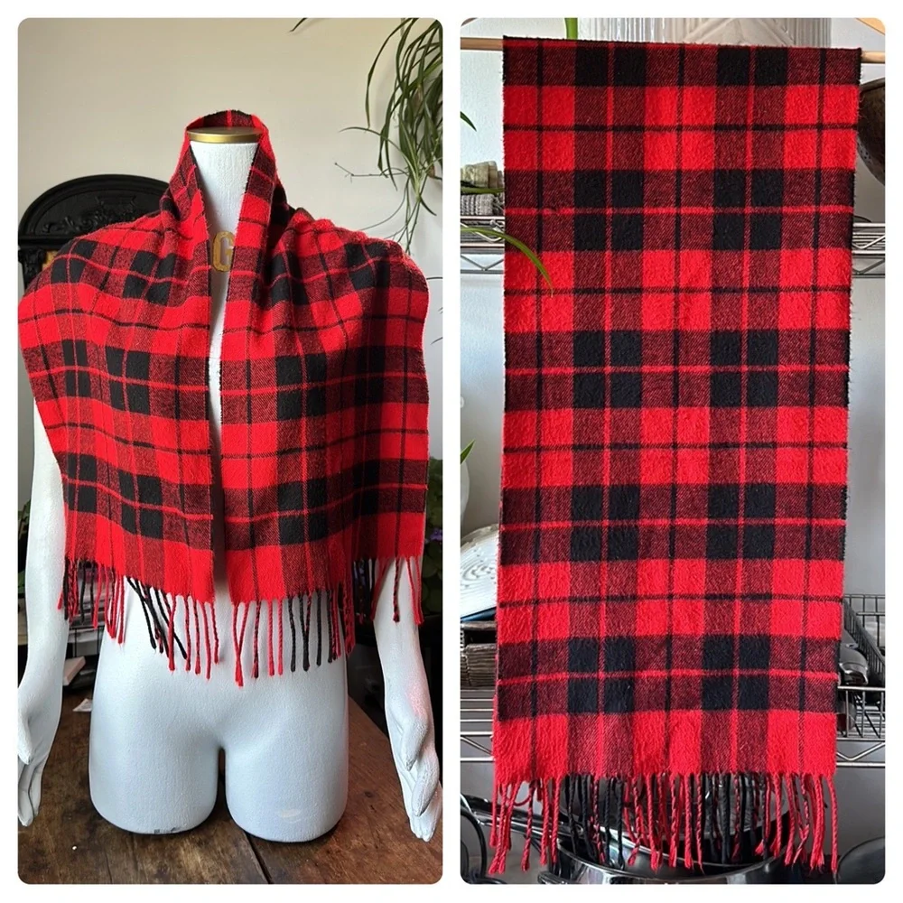 DIOR Vintage Plaid Tasseled Soft Scarf, Unisex, Red & Black